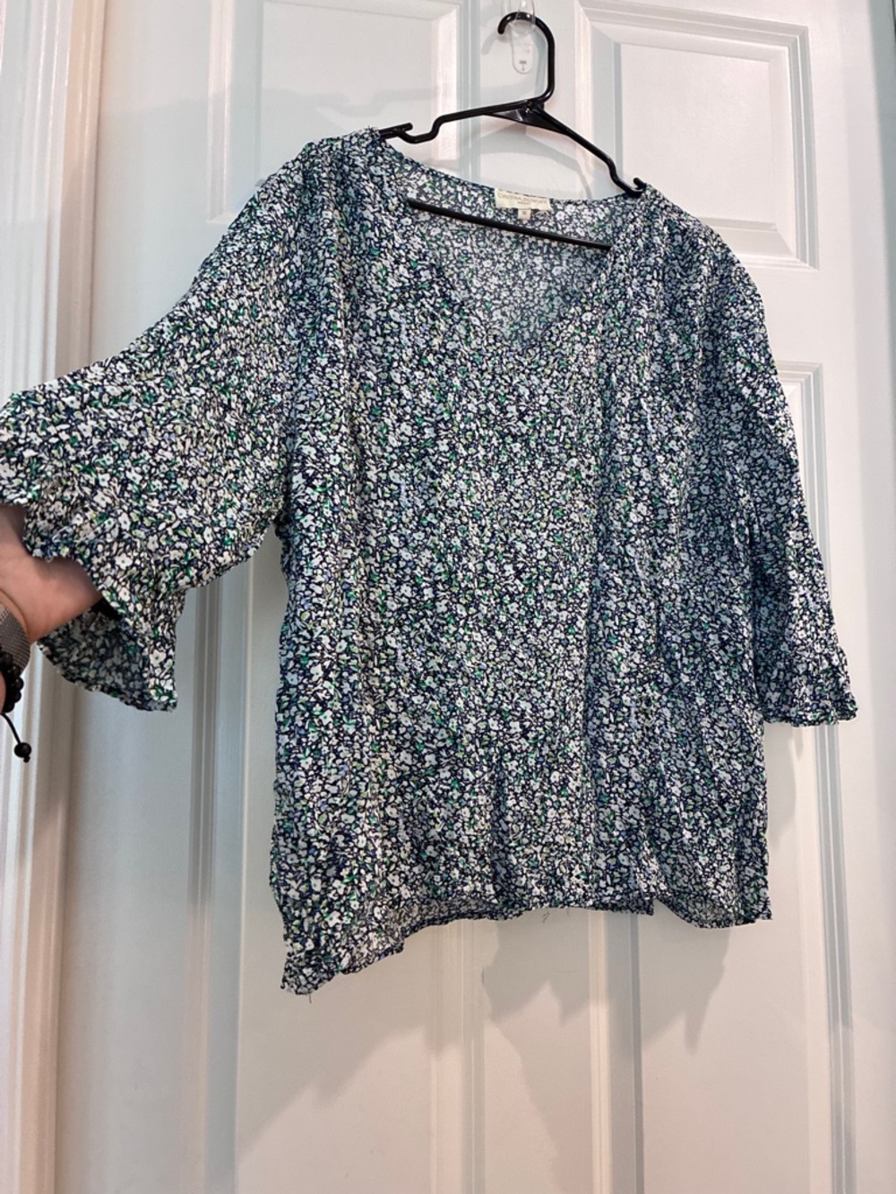 Cynthia Rowley‎ Navy and Green Floral V-Neck Blouse